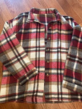 Amazon Red Plaid Button-Front Women’s Pea Coat with Cream and Brown Accents
